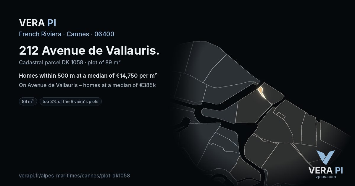 212 Avenue de Vallauris, Cannes at night – the plot lit, the parcels around coloured by the prices near them