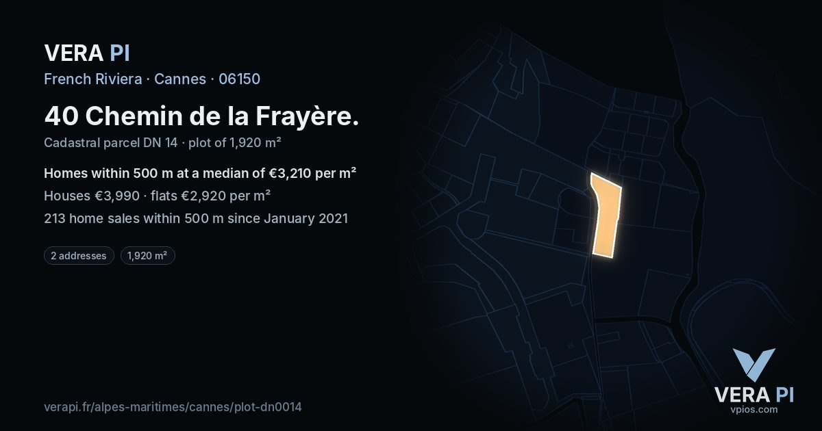 40 Chemin de la Frayère, Cannes at night – the plot lit, the parcels around coloured by the prices near them