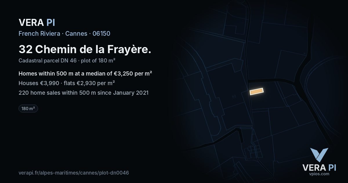 32 Chemin de la Frayère, Cannes at night – the plot lit, the parcels around coloured by the prices near them