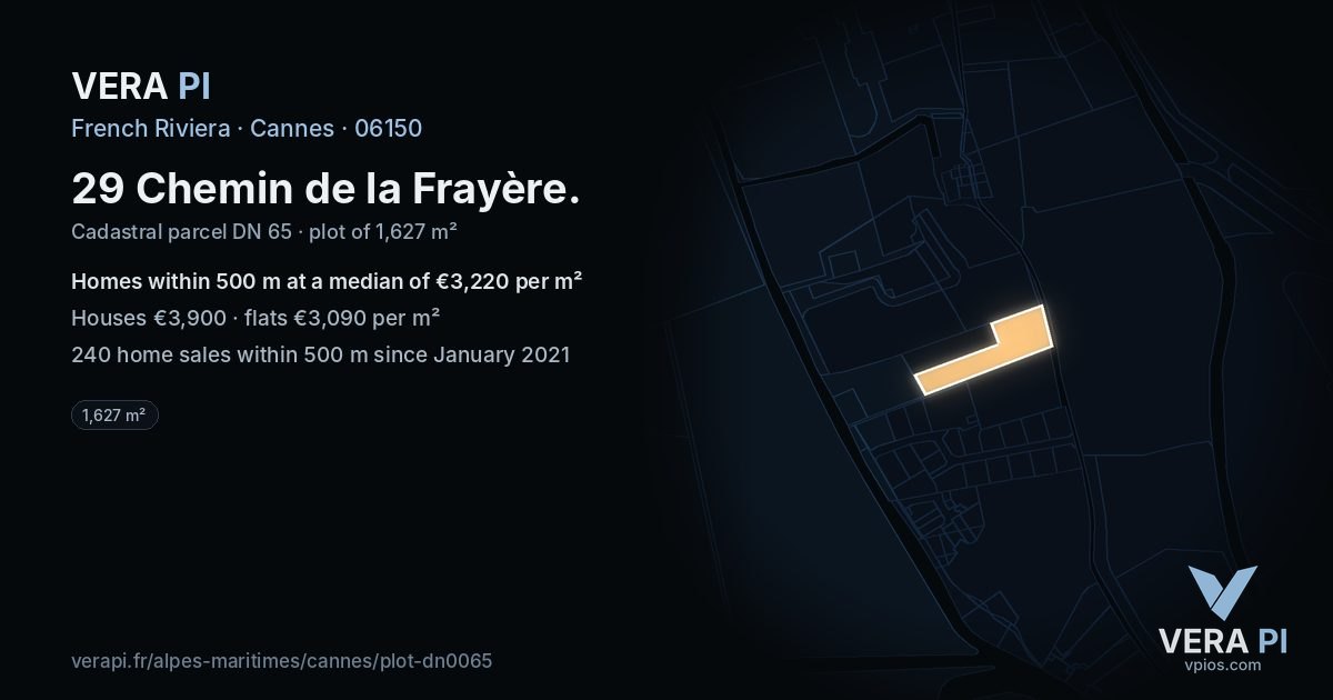 29 Chemin de la Frayère, Cannes at night – the plot lit, the parcels around coloured by the prices near them