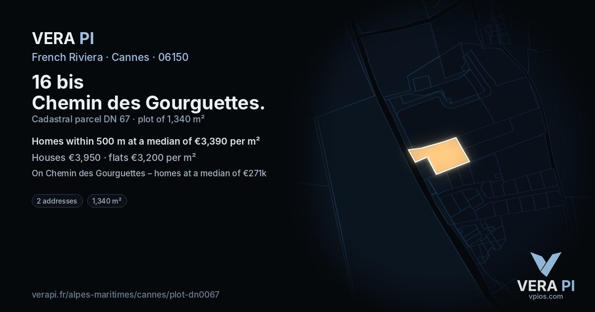 16 bis Chemin des Gourguettes, Cannes at night – the plot lit, the parcels around coloured by the prices near them