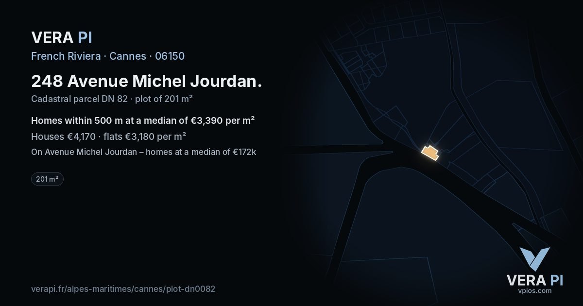 248 Avenue Michel Jourdan, Cannes at night – the plot lit, the parcels around coloured by the prices near them