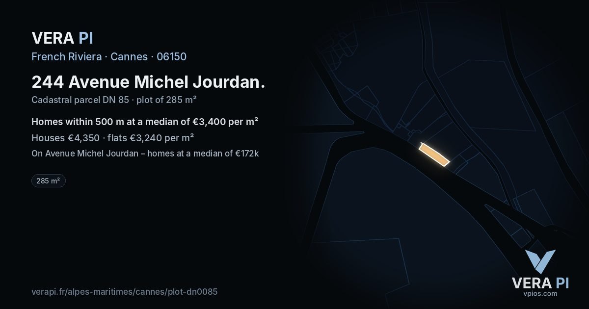 244 Avenue Michel Jourdan, Cannes at night – the plot lit, the parcels around coloured by the prices near them