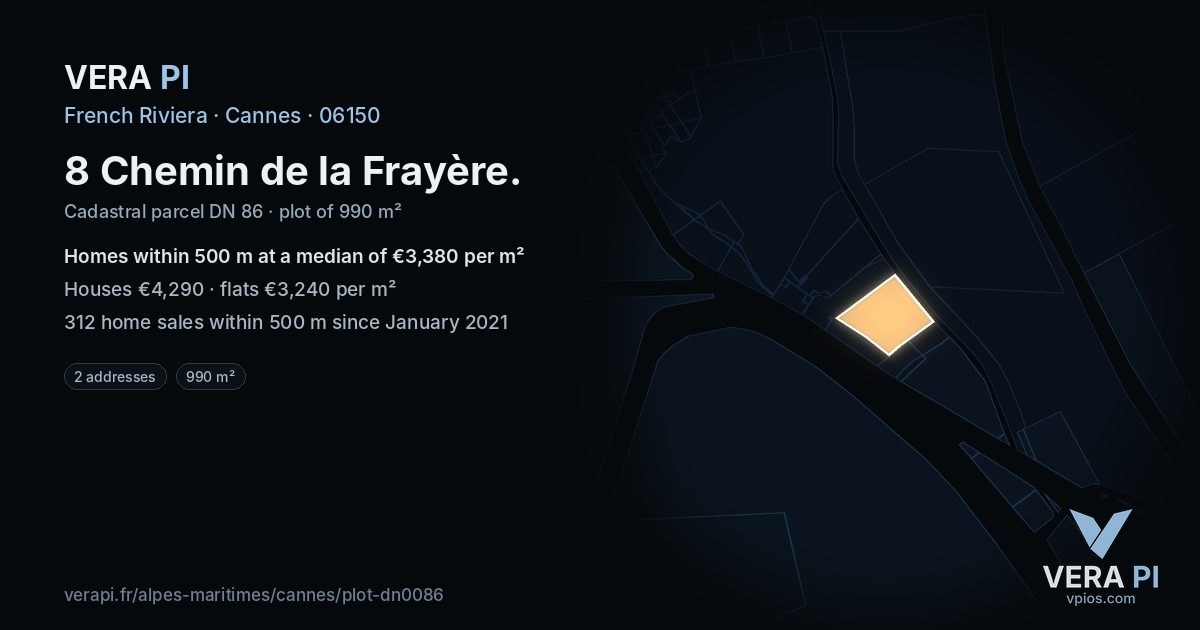 8 Chemin de la Frayère, Cannes at night – the plot lit, the parcels around coloured by the prices near them