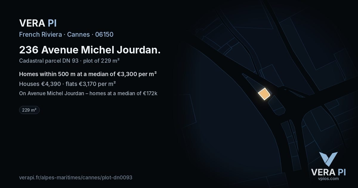 236 Avenue Michel Jourdan, Cannes at night – the plot lit, the parcels around coloured by the prices near them
