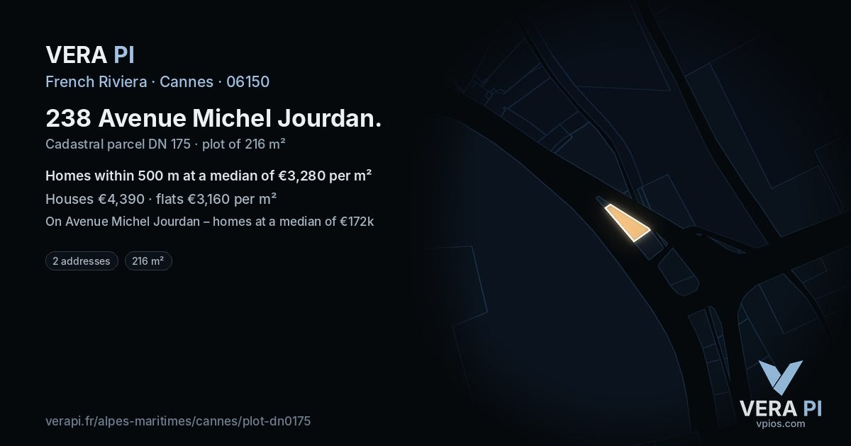 238 Avenue Michel Jourdan, Cannes at night – the plot lit, the parcels around coloured by the prices near them