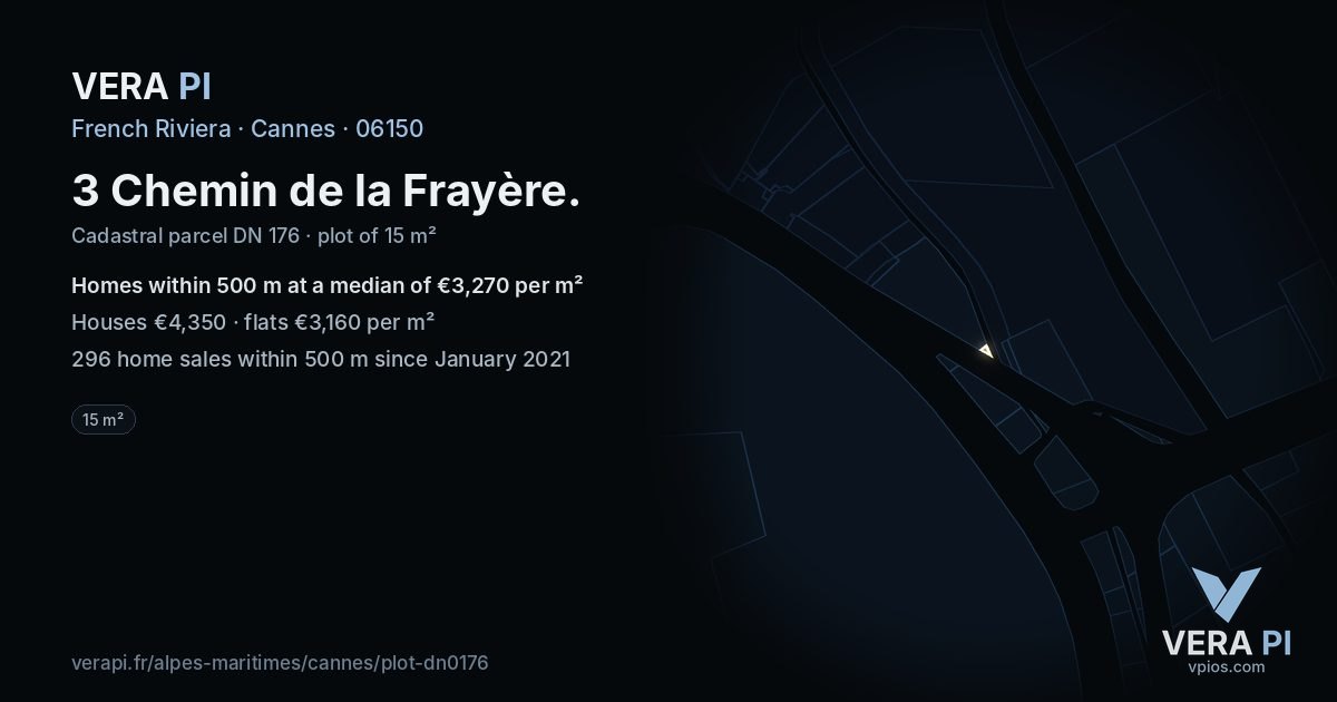 3 Chemin de la Frayère, Cannes at night – the plot lit, the parcels around coloured by the prices near them