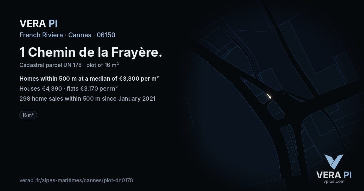 1 Chemin de la Frayère, Cannes at night – the plot lit, the parcels around coloured by the prices near them