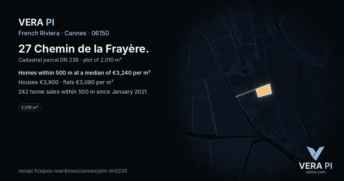 27 Chemin de la Frayère, Cannes at night – the plot lit, the parcels around coloured by the prices near them