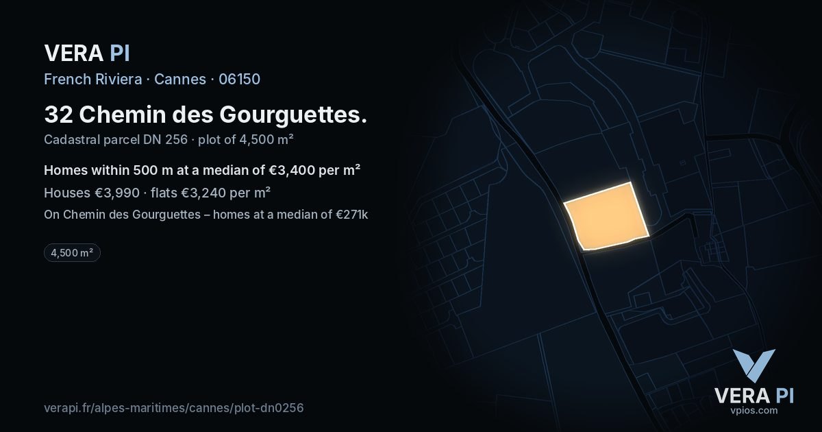32 Chemin des Gourguettes, Cannes at night – the plot lit, the parcels around coloured by the prices near them