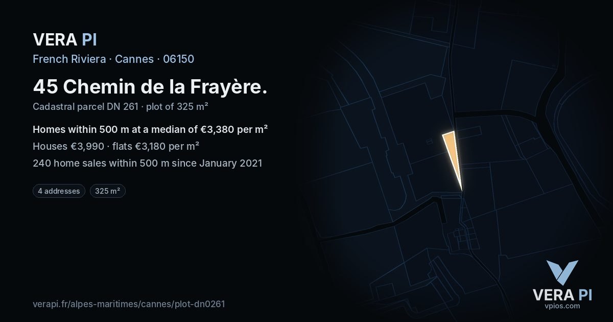 45 Chemin de la Frayère, Cannes at night – the plot lit, the parcels around coloured by the prices near them