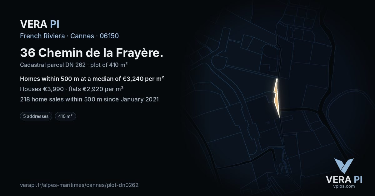 36 Chemin de la Frayère, Cannes at night – the plot lit, the parcels around coloured by the prices near them