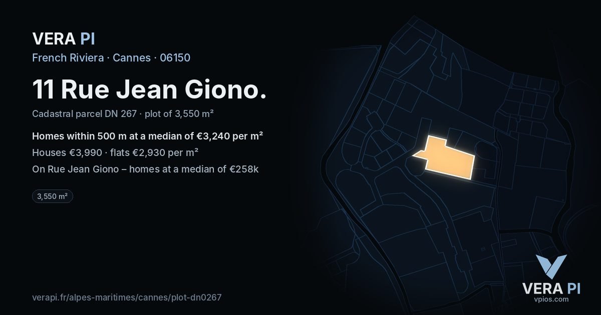 11 Rue Jean Giono, Cannes at night – the plot lit, the parcels around coloured by the prices near them