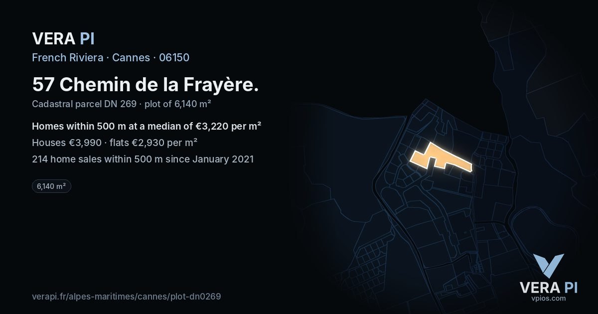 57 Chemin de la Frayère, Cannes at night – the plot lit, the parcels around coloured by the prices near them