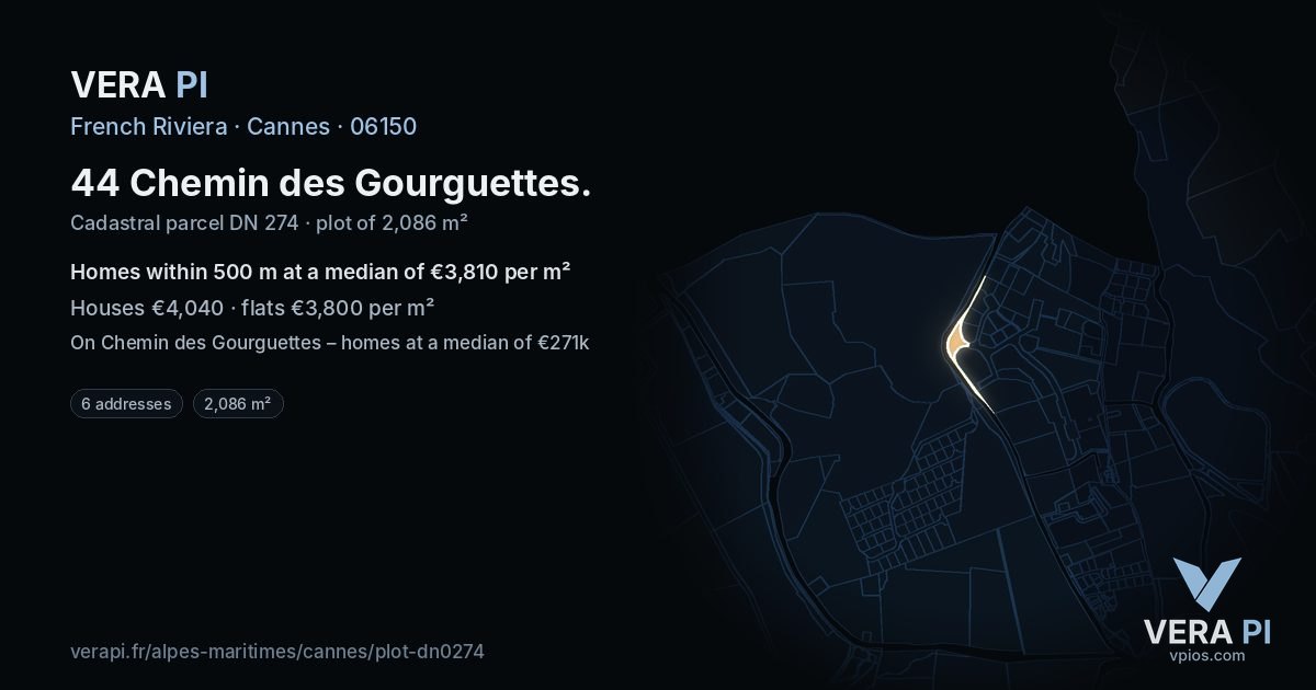 44 Chemin des Gourguettes, Cannes at night – the plot lit, the parcels around coloured by the prices near them