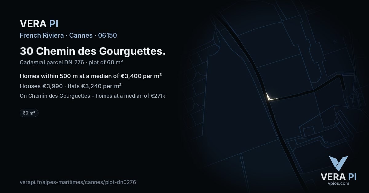 30 Chemin des Gourguettes, Cannes at night – the plot lit, the parcels around coloured by the prices near them