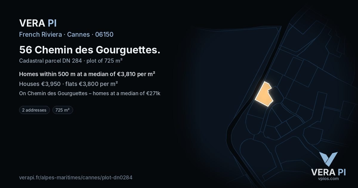 56 Chemin des Gourguettes, Cannes at night – the plot lit, the parcels around coloured by the prices near them