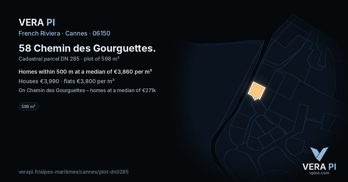 58 Chemin des Gourguettes, Cannes at night – the plot lit, the parcels around coloured by the prices near them