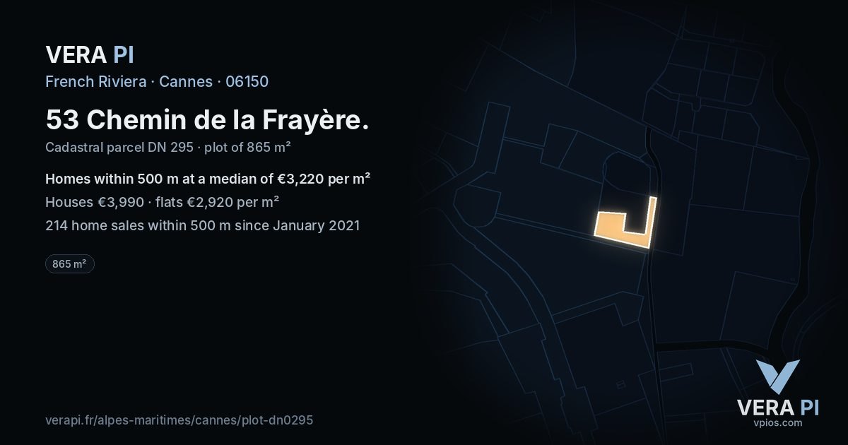 53 Chemin de la Frayère, Cannes at night – the plot lit, the parcels around coloured by the prices near them