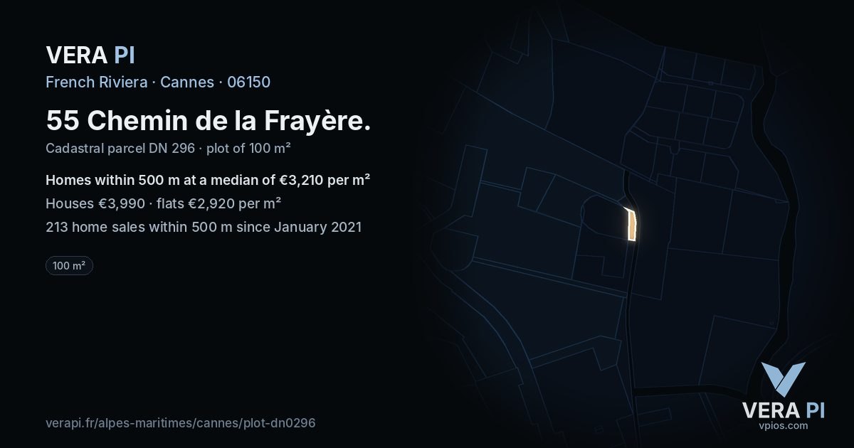 55 Chemin de la Frayère, Cannes at night – the plot lit, the parcels around coloured by the prices near them