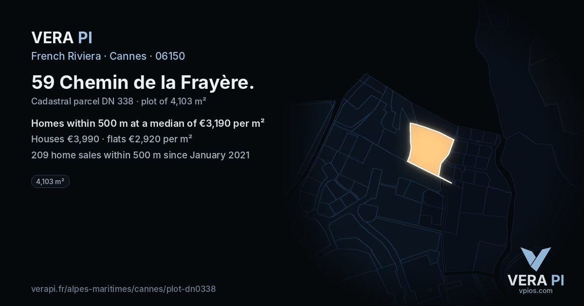 59 Chemin de la Frayère, Cannes at night – the plot lit, the parcels around coloured by the prices near them