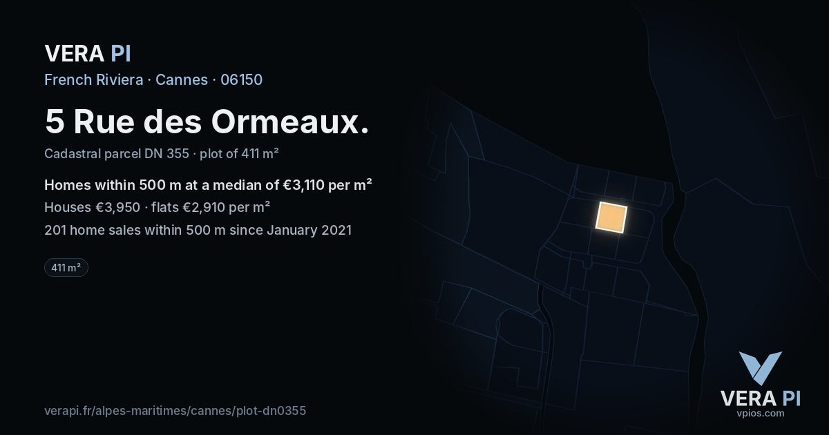 5 Rue des Ormeaux, Cannes at night – the plot lit, the parcels around coloured by the prices near them