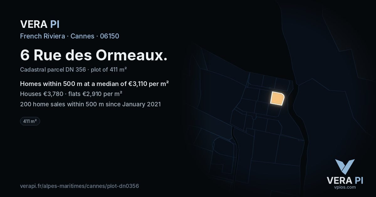 6 Rue des Ormeaux, Cannes at night – the plot lit, the parcels around coloured by the prices near them