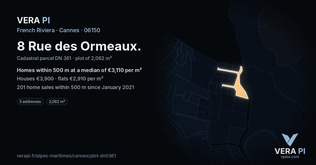 8 Rue des Ormeaux, Cannes at night – the plot lit, the parcels around coloured by the prices near them
