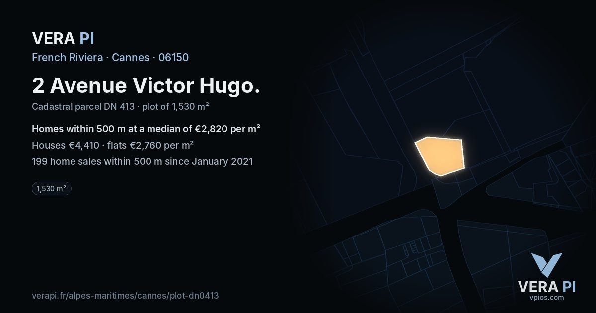 2 Avenue Victor Hugo, Cannes at night – the plot lit, the parcels around coloured by the prices near them