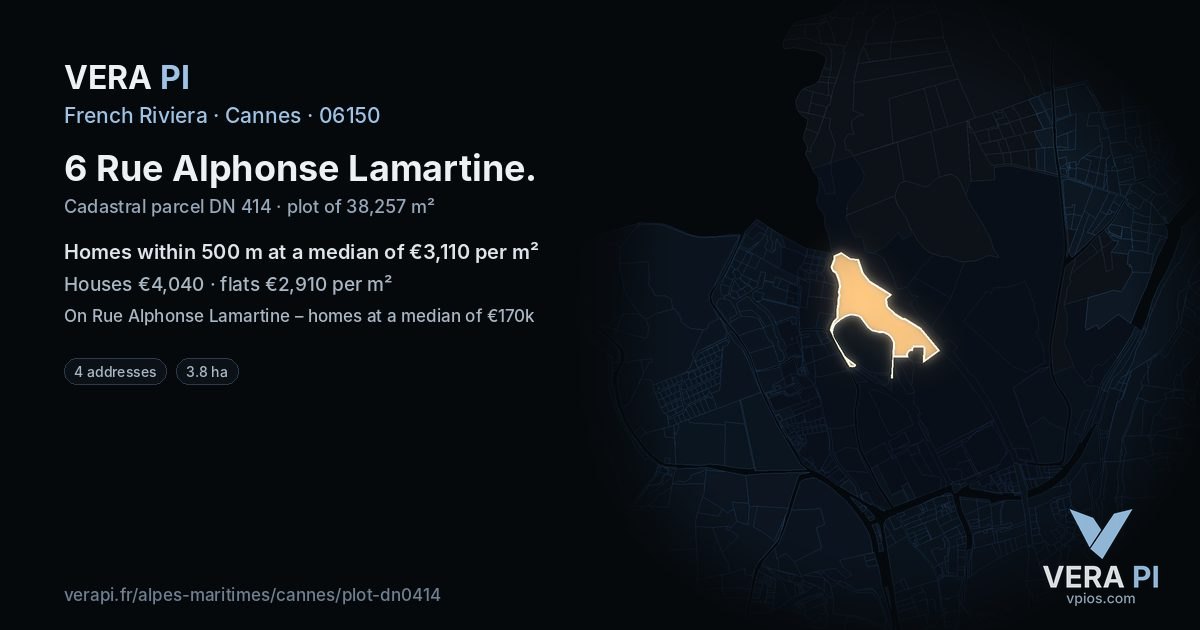 6 Rue Alphonse Lamartine, Cannes at night – the plot lit, the parcels around coloured by the prices near them