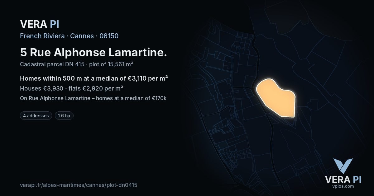 5 Rue Alphonse Lamartine, Cannes at night – the plot lit, the parcels around coloured by the prices near them
