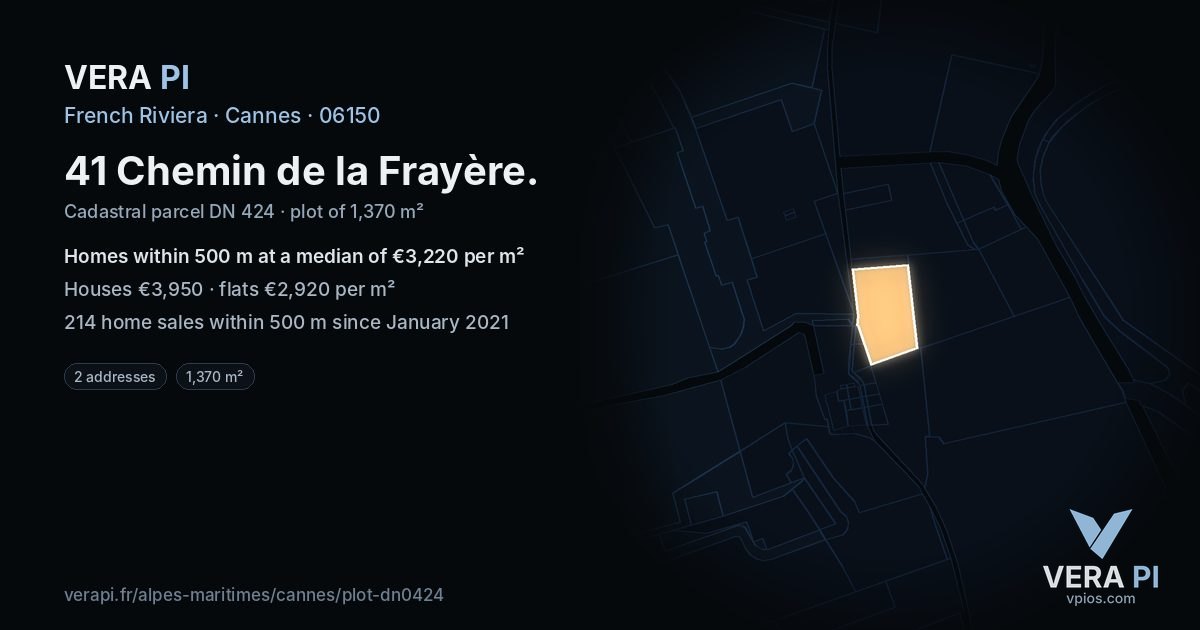 41 Chemin de la Frayère, Cannes at night – the plot lit, the parcels around coloured by the prices near them