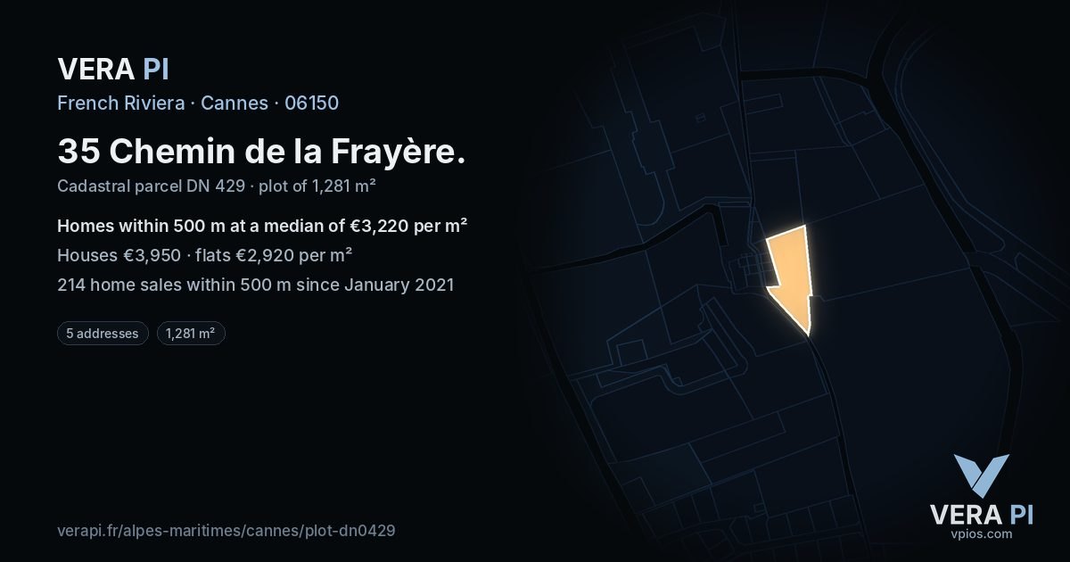 35 Chemin de la Frayère, Cannes at night – the plot lit, the parcels around coloured by the prices near them