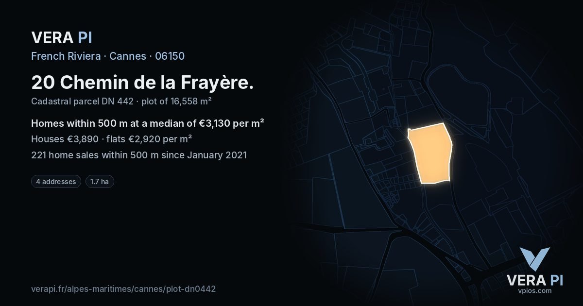 20 Chemin de la Frayère, Cannes at night – the plot lit, the parcels around coloured by the prices near them