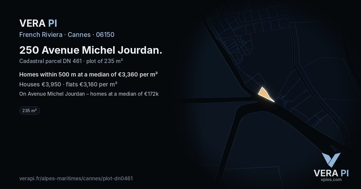 250 Avenue Michel Jourdan, Cannes at night – the plot lit, the parcels around coloured by the prices near them