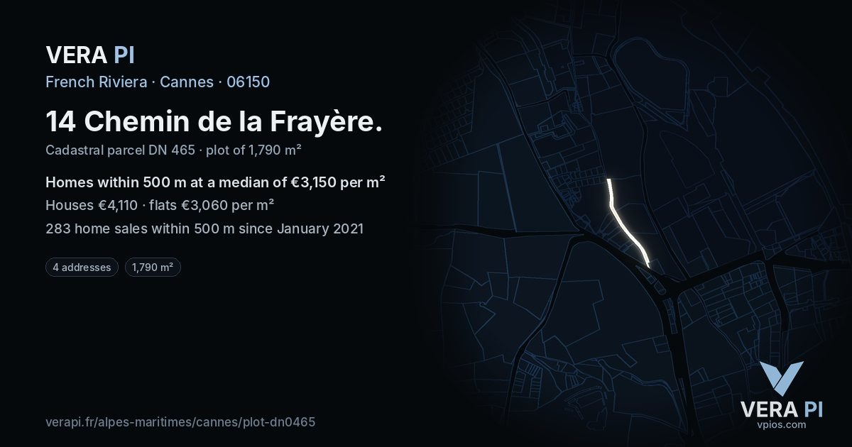 14 Chemin de la Frayère, Cannes at night – the plot lit, the parcels around coloured by the prices near them