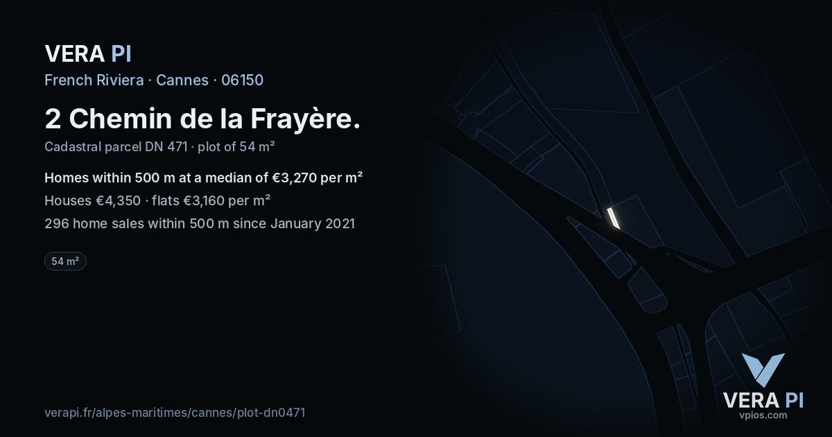 2 Chemin de la Frayère, Cannes at night – the plot lit, the parcels around coloured by the prices near them