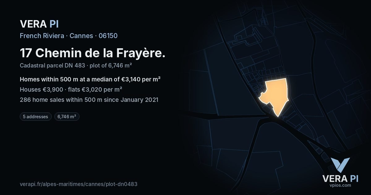 17 Chemin de la Frayère, Cannes at night – the plot lit, the parcels around coloured by the prices near them