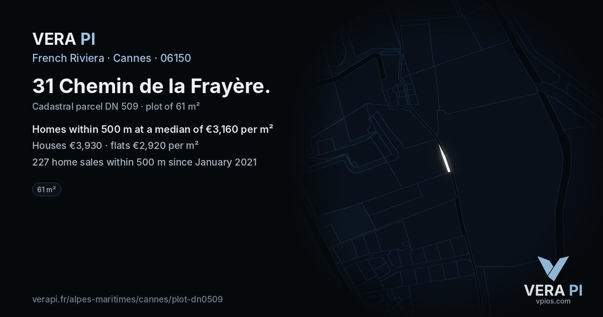 31 Chemin de la Frayère, Cannes at night – the plot lit, the parcels around coloured by the prices near them