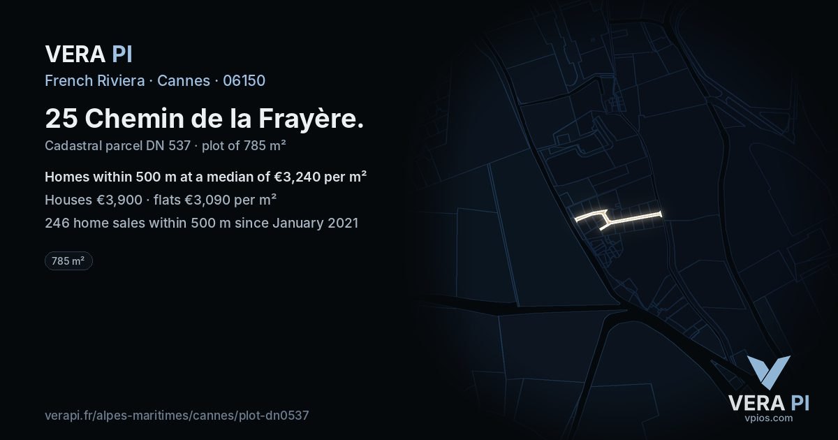 25 Chemin de la Frayère, Cannes at night – the plot lit, the parcels around coloured by the prices near them