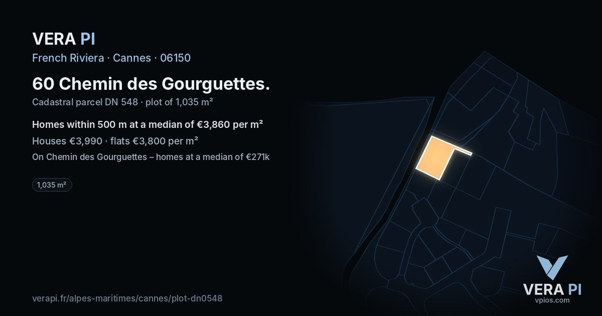 60 Chemin des Gourguettes, Cannes at night – the plot lit, the parcels around coloured by the prices near them