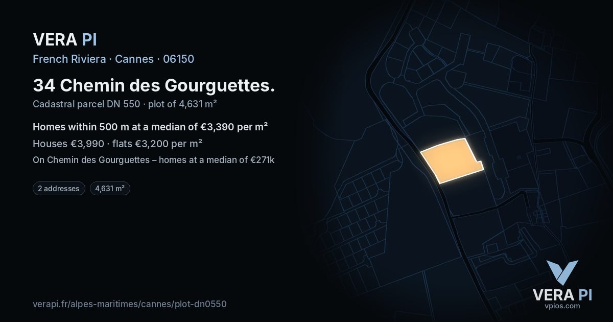 34 Chemin des Gourguettes, Cannes at night – the plot lit, the parcels around coloured by the prices near them