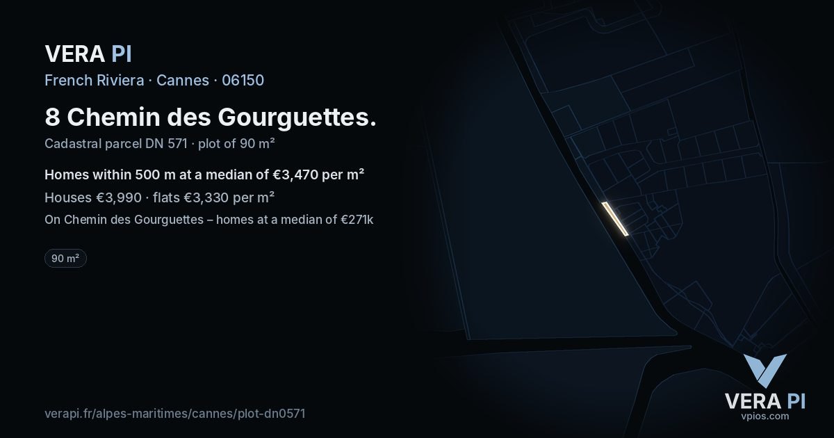 8 Chemin des Gourguettes, Cannes at night – the plot lit, the parcels around coloured by the prices near them