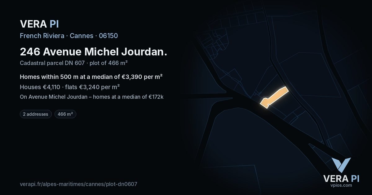 246 Avenue Michel Jourdan, Cannes at night – the plot lit, the parcels around coloured by the prices near them