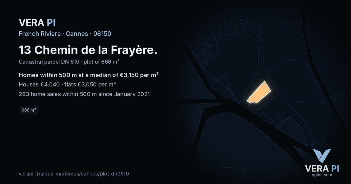 13 Chemin de la Frayère, Cannes at night – the plot lit, the parcels around coloured by the prices near them