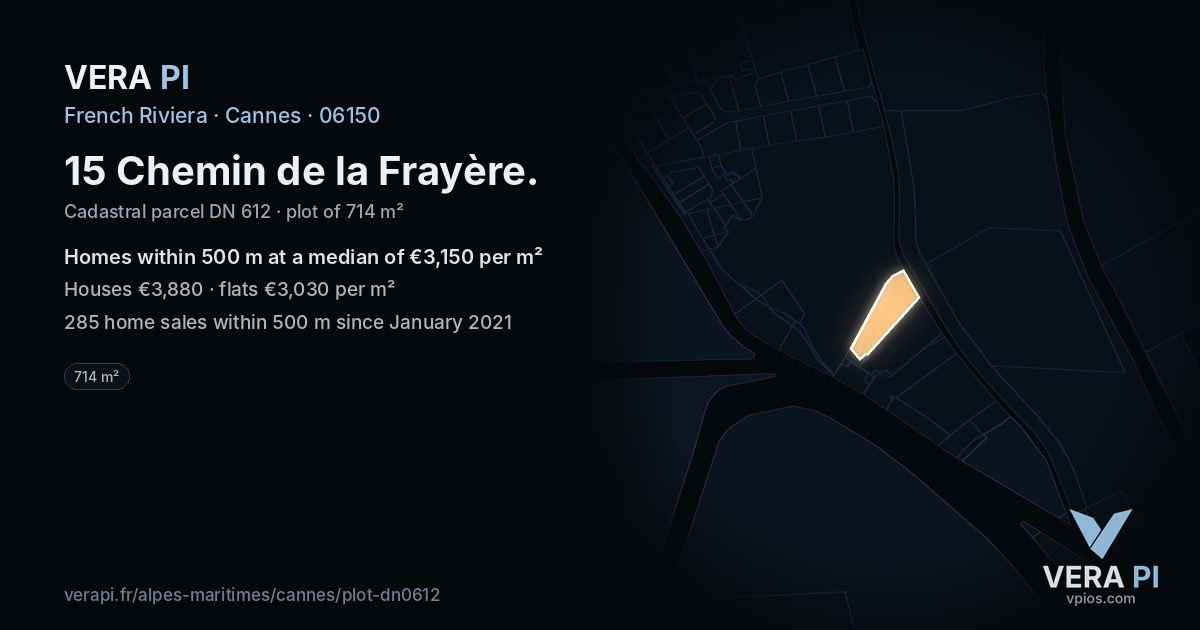 15 Chemin de la Frayère, Cannes at night – the plot lit, the parcels around coloured by the prices near them