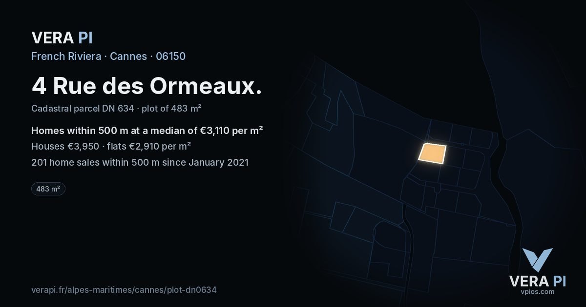 4 Rue des Ormeaux, Cannes at night – the plot lit, the parcels around coloured by the prices near them