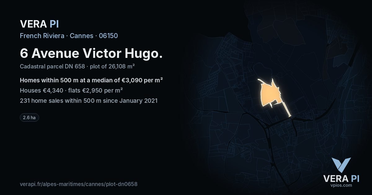 6 Avenue Victor Hugo, Cannes at night – the plot lit, the parcels around coloured by the prices near them