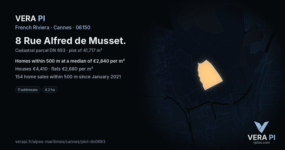 8 Rue Alfred de Musset, Cannes at night – the plot lit, the parcels around coloured by the prices near them