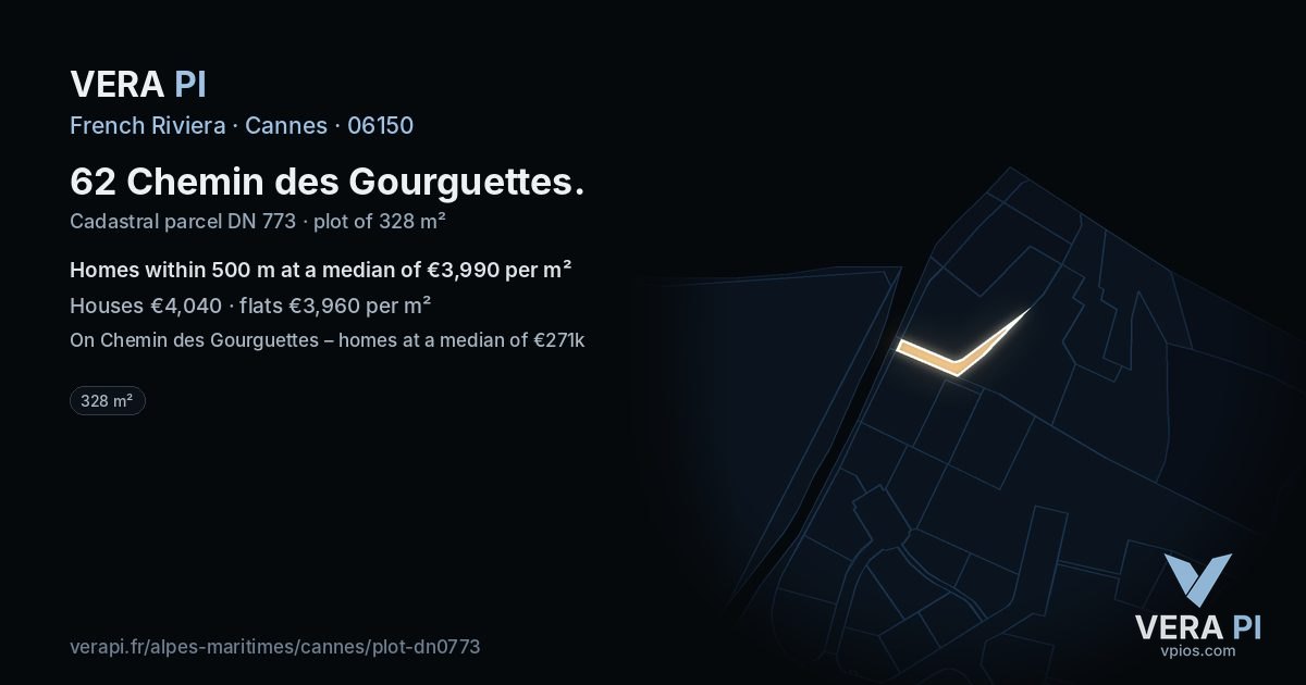 62 Chemin des Gourguettes, Cannes at night – the plot lit, the parcels around coloured by the prices near them